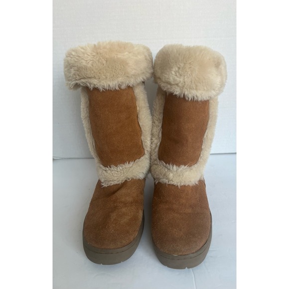 Style & Co Witty Leather Chestnut Brown Mid Calf Cream Faux Fur Winter Boots 8 - Picture 3 of 13